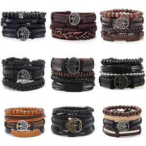 Multi-Layer Wrap Bracelet Tree Of Life Charm Leather Wood Beads Alloy Adjustable Vintage Punk Jewelry For Men Women