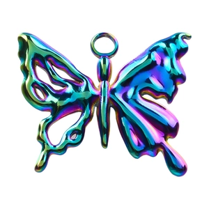 Macro shot of 18k plated rainbow butterfly pendant with smooth metallic texture