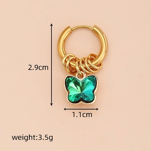 Detail view of gold butterfly earring with green crystal drop showing dimensions 2.9cm by 1.1cm