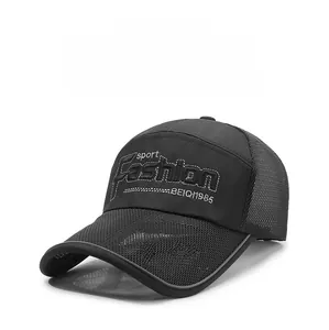 Detail of breathable mesh back and fashion sport embroidery on black outdoor sun hat