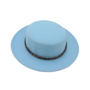 Detail of light blue felt boater hat featuring a stylish leopard print decorative band