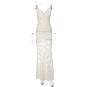 Detailed view of white lace dress with sheer fabric and elegant cowl neck design