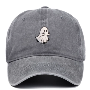 Vintage dark grey washed cotton baseball cap with ghost embroidery and distressed style