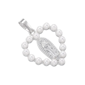 Detailed view of silver heart pendant with white pearls and Virgin of Guadalupe icon