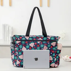 Large waterproof picnic tote bag with fruit print and side pockets for thermal bottles