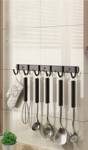 Heavy duty black stainless steel kitchen rail with 6 hooks holding various utensils