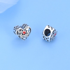 925 sterling silver heart bead charm with red enamel and MOM engraving for bracelets