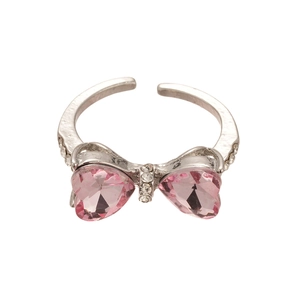 Sparkling pink heart bow adjustable open ring set with silver crystals for women