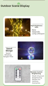 Detail of outdoor LED fairy lights with 8-mode remote control and reel storage system