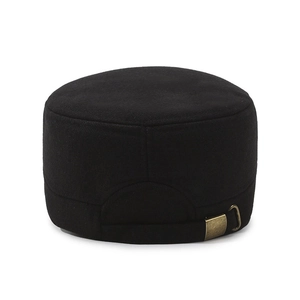 Men's winter wool flat top military cap with warm lining and adjustable metal buckle