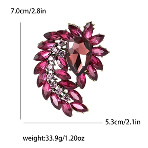 Elegant purple crystal flower brooch with gold alloy base and size dimensions shown