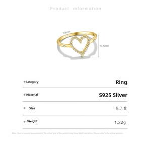 Macro detail of S925 sterling silver heart ring with pavé cubic zirconia and dimensions