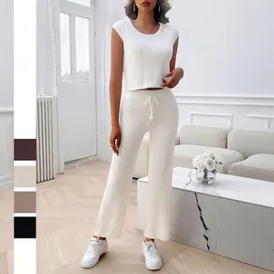Women Ribbed Knit Viscose Short Sleeve Top And High Waist Wide Leg Drawstring Trousers Casual Vacation Loungewear
