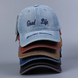 Washed Denim Baseball Cap Vintage Embroidered Letter Good Life Sun Hat Adjustable Casual Retro Headwear For Women