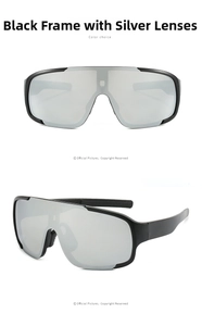 Detail view of sports sunglasses featuring black frames and silver mirrored shield lenses