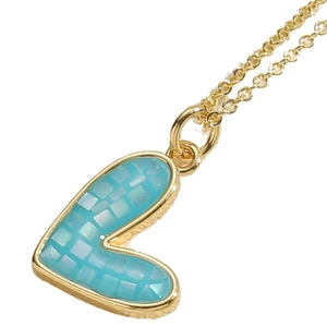 Golden heart pendant necklace with blue mosaic enamel shell detail on a thin O-chain