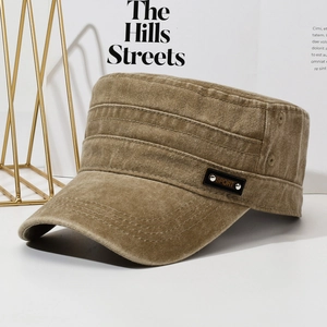 Vintage washed cotton flat top army cap in dark khaki with side metal sport badge