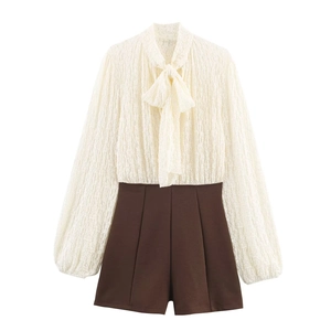 Women Lace Patchwork Jumpsuit Romper Long Sleeve Bow Tie Neck High Waist Contrast Color Elegant French Style