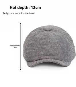 Detail view of grey newsboy cap with 12cm deep crown design for full head coverage