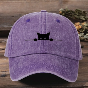 Washed Cotton Baseball Cap With Peeking Cat Embroidery Adjustable Retro Outdoor Sun Hat For Women Men Vintage Style