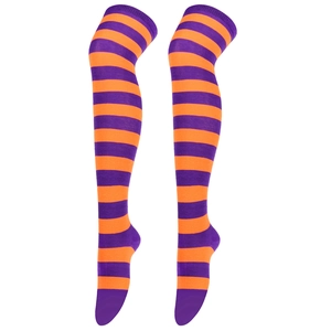 Flat lay of purple and orange horizontal striped over-knee socks with ribbed elastic cuffs