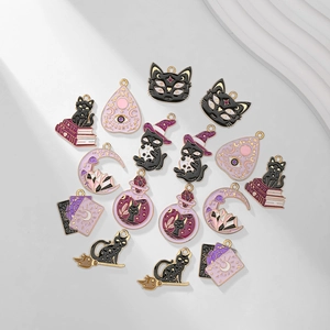 Set of 16 purple magic cat and tarot enamel charms for DIY jewelry making crafts