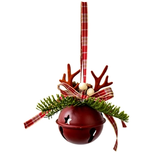 Vintage red Christmas bell ornament with brown antlers and plaid ribbon decoration