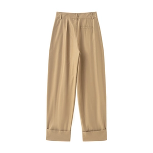 Women's pleated wide leg khaki trousers with cuffed hem and high waist belt loops