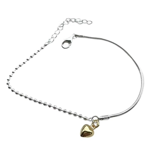 Minimalist S925 sterling silver heart charm bracelet with gold and silver bead chain