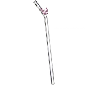 Heat-resistant glass straw with pink butterfly ornament and elegant curved design