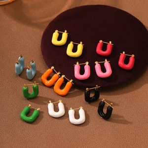 French Vintage U-Shaped Enamel Stainless Steel Hoop Earrings For Women Colorful Trendy Geometric Waterproof Jewelry Earrings