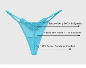 Detail of bright blue floral embroidery thong with cotton crotch and nylon spandex fabric