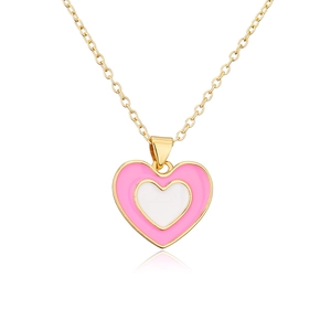 Minimalist 18K gold plated heart necklace with pink and white enamel pendant on white back
