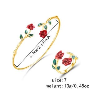 Detail view of red enamel rose bracelet and ring set with precise size measurements