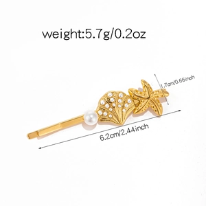 Detailed size specifications for a gold starfish and shell hair pin with measurements