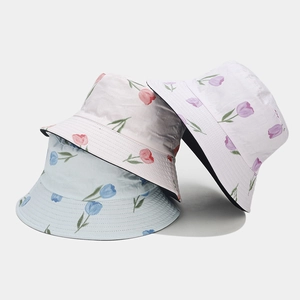 Chapeau Cloche Femme Coton Réversible Imprimé Fleur Tulipe Respirant Pare-soleil Été Extérieur Décontracté Doux