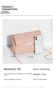 Pink quilted PU leather chain bag detail with dimensions 21.5x4.5x15cm and gold metal bar