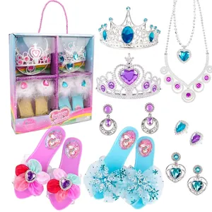 Detail showing colorful princess dress-up set with glitter heels and jeweled crowns