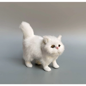 Detailed view of realistic white Persian cat plush with fluffy fur and amber eyes