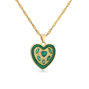 Detail of 18K gold plated heart pendant necklace with green enamel and zircon stones
