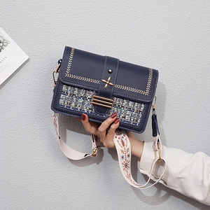Women Small Square Crossbody Bag Retro PU Leather Tweed Patchwork Shoulder Bag With Wide Embroidered Strap Elegant Fashion Purse