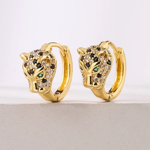 Leopard Head Hoop Earrings Gold Plated Copper With Green Stone Eyes Sparkly Cubic Zirconia Animal Jewelry For Women
