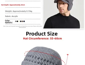 Guide des tailles détaillé pour bonnet d'hiver en tricot gris avec protège-oreilles homme