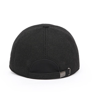 Rear view of winter thermal baseball cap with textured wool fabric and adjustable strap