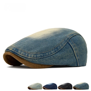 British style vintage washed denim beret cap with contrast brown brim in multiple blue shades