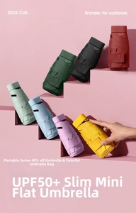 Detailed view of colorful mini 6-fold pocket umbrellas with matching cases and UPF 50+