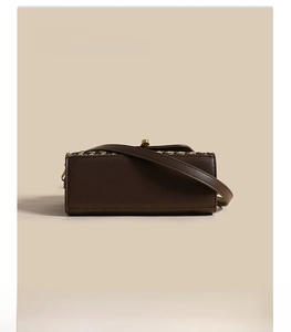 Detailed shot of houndstooth patchwork leather crossbody bag with golden metal clasp lock