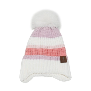 Winter striped knit hat for kids with ear flaps, pink stripes and a white faux fur pompom