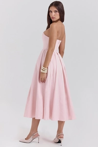 Detailed view of soft pink strapless evening dress in premium satin with corset bodice
