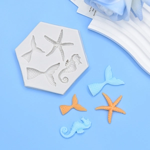 Ocean theme hexagon silicone mold with seahorse starfish and mermaid tails for DIY baking